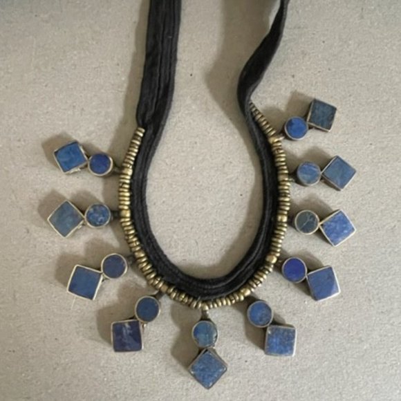 Lapis & Nickel Silver Heishi Bead Interesting Collar Necklace w/ a lapis Button - Picture 1 of 5